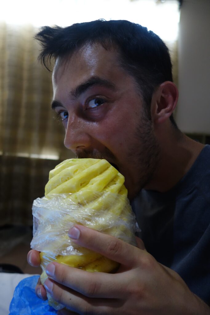 We lacked silverware and were forced to just bite into this pineapple in the Philippines. The spiral eye removal is easy to see.