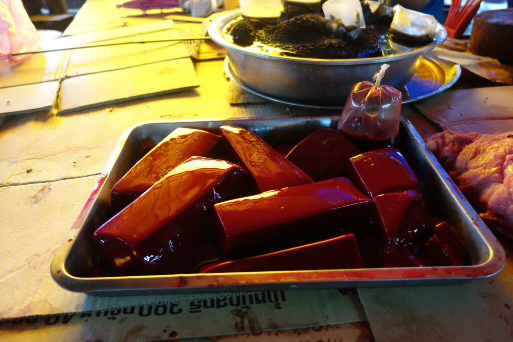 Fresh blood tofu at the market in Luang Prabang.