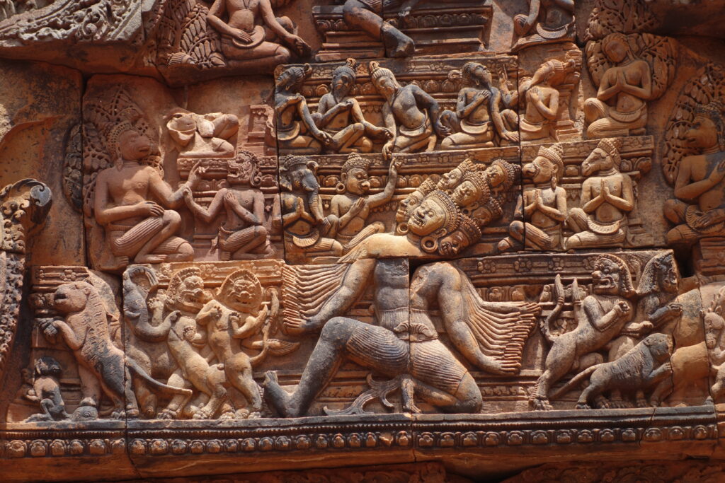Intricate sandstone carvings and Banteay Srei