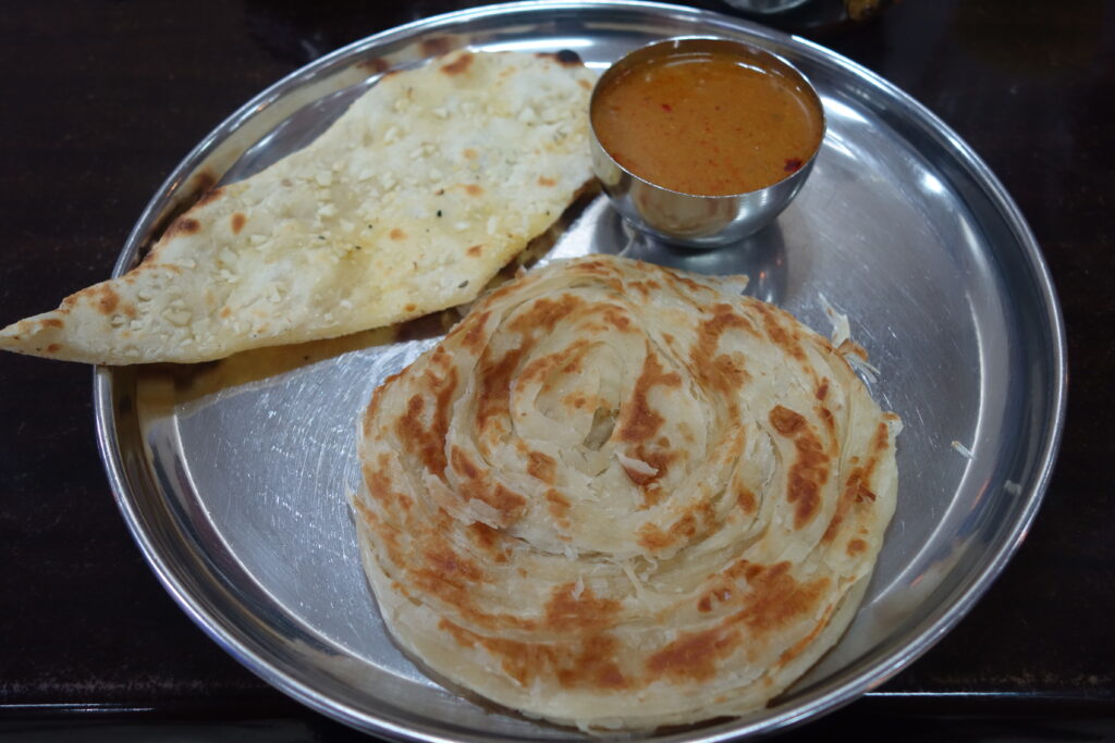 Roti and naan served with a small portion of curry for dipping.