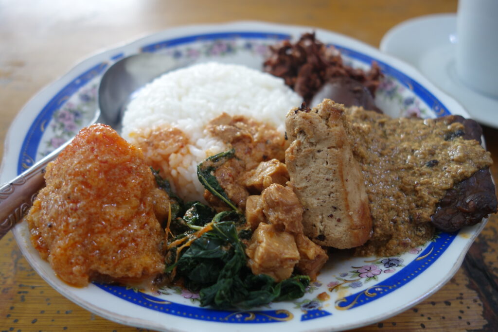 Indonesian gudeg - the orange blob on the left is fried buffalo skin.