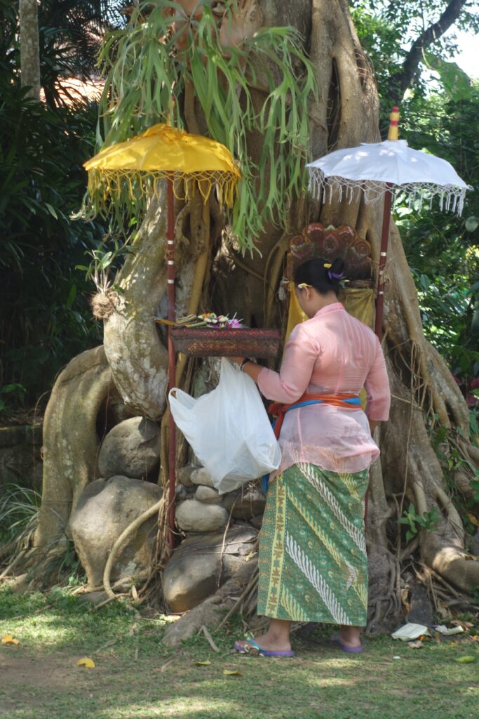 A woman makes an offering at a personal altar (all homes would have multiple places for offerings)